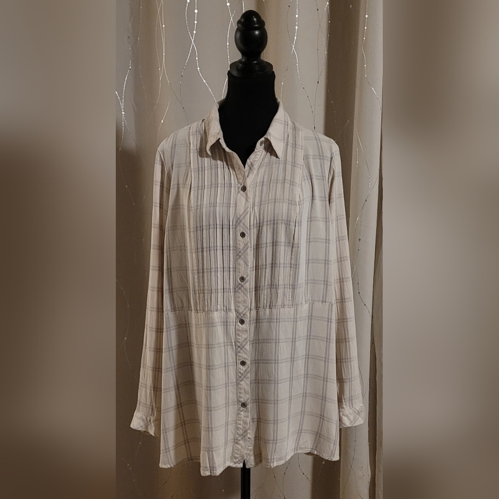 J. Jill Large Neutral Plaid Pintuck Button Down Tunic Shirt Viscose L EUC
